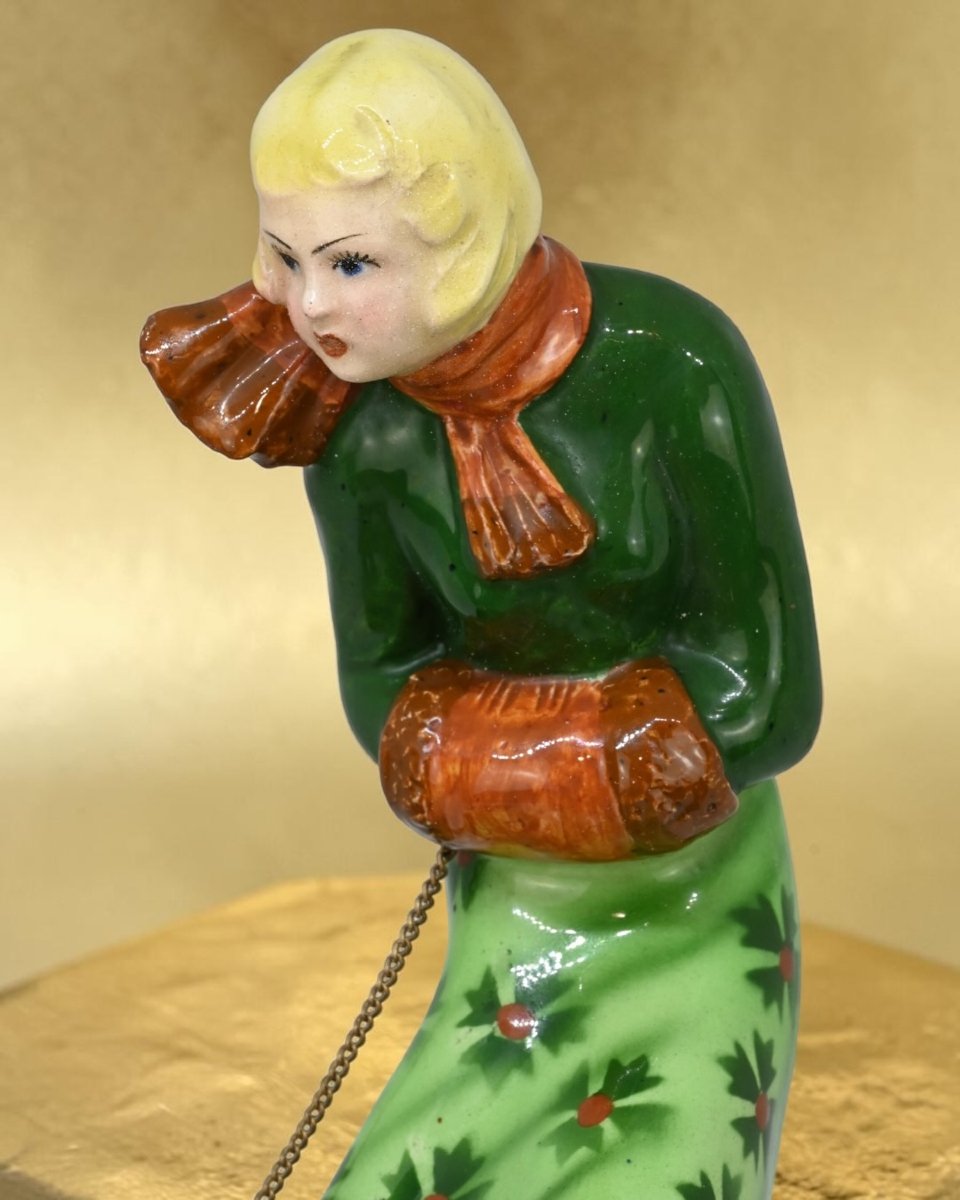 Figura di Donna Con Due Cani - Ceramica Policroma - Italia Anni 30-photo-2